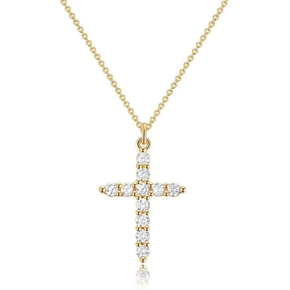 Women's B CZ Cross, Gold 14K Gold Plated Crown Cross Necklace Non-Tarnish Faith